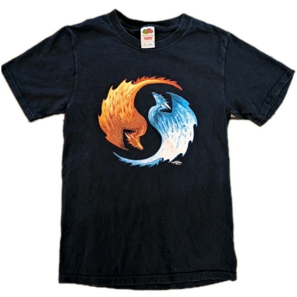 Fire and Ice Dragon T Shirt Men’s Small Black Fantasy Graphic Tee